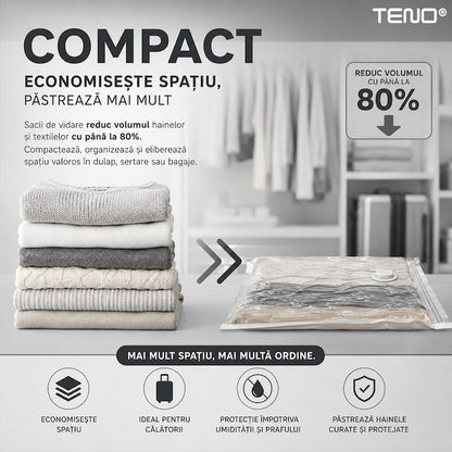 Sac de Vidat Teno®, pentru imbracaminte, pilote, perne, rezistent, valva tripla, materiale calitative, protectie waterproof, reutilizabil, vidare prin vacuum, 50 x 70 cm, alb