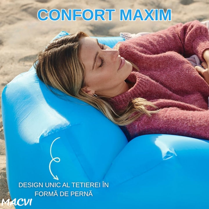 Saltea gonflabila tip sezlong Lazybag Macvi®, material rezistent, umflare fara pompa, pentru plaja/picnic/camping, rucsac de depozitare, 190 x 70 cm, Albastra
