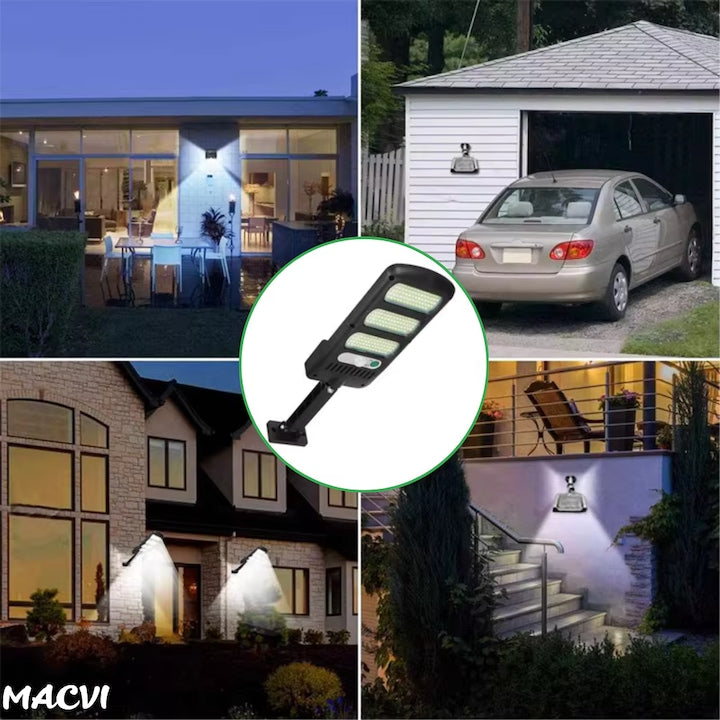 Aplica LED Exterior Macvi® Solara cu 150 COB, Senzor Miscare si Lumina, Panou Solar 1.5W, 2400mAh, IP65, 6500K, Autonomie 6-10 Ore, Unghi Lumina 120°