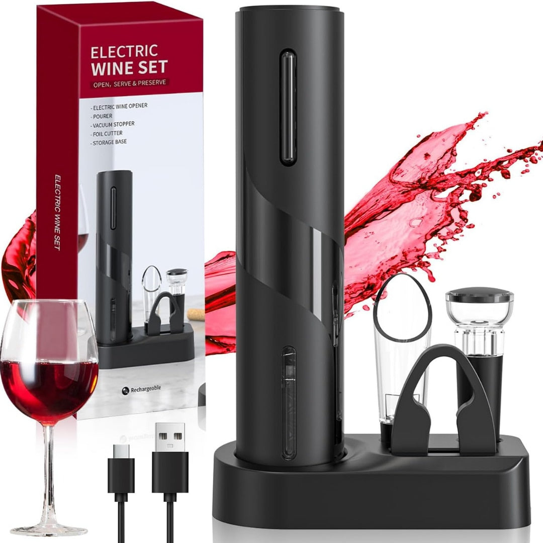 Set Electric Macvi® Deschizator de Vin 5-in-1, Cu baterii, Foil Cutter, Aerator, Dop Vacuum, Negru, Design Elegant si Portabil