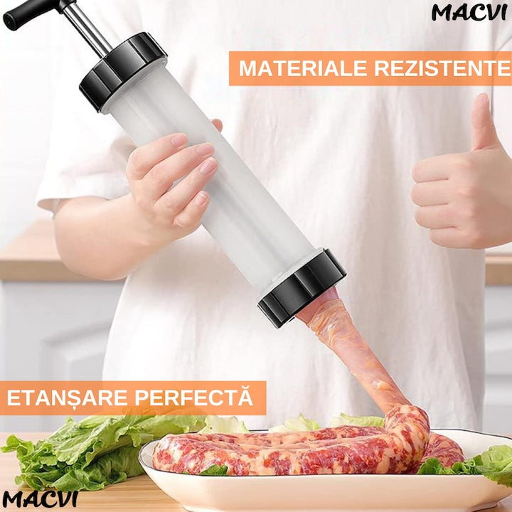Aparat manual pentru umplut carnati, Macvi®, inox/plastic, 0.5 kg, 2 tuburi de umplere, alb