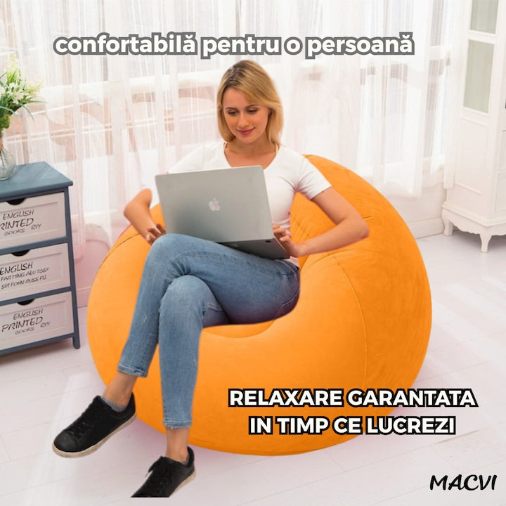 Fotoliu Gonflabil Macvi® Lazy Bag cu pompa inclusa, 110x110x85 cm, Confort Maxim, Portabila, pentru Interior si Exterior, Culoare Portocaliu