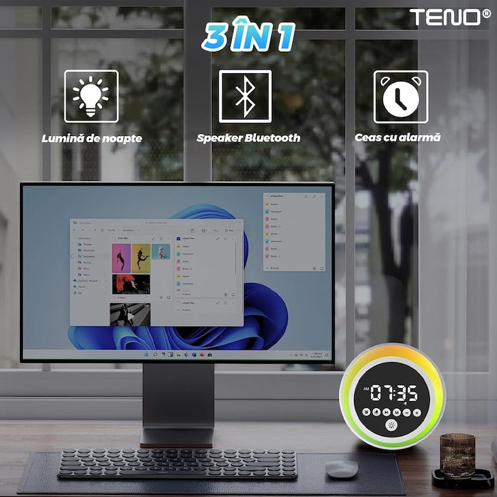 Ceas Desteptator Multifunctional Teno®, Bluetooth, functie de alarma, functie de radio, lumini RGB, autonomie ridicata, rotund