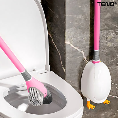 Perie pentru Toaleta Ratusca Teno®, din silicon, model adorabil, carcasa ou, suport adeziv montabil pe orice suprafata, 2 capete, capat cioc din silicon, capat cu peri pentru pete, roz