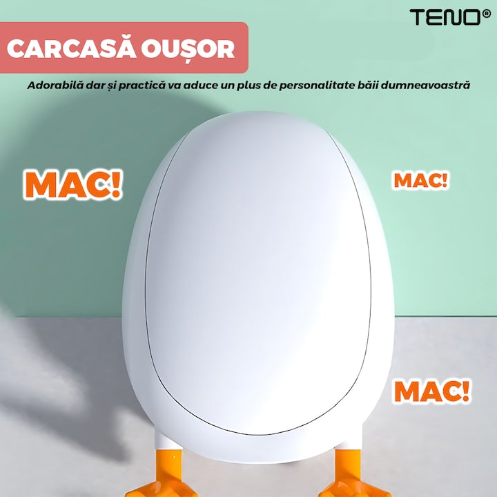 Perie pentru Toaleta Ratusca Teno®, din silicon, model adorabil, carcasa ou, suport adeziv montabil pe orice suprafata, 2 capete, capat cioc din silicon, capat cu peri pentru pete, roz