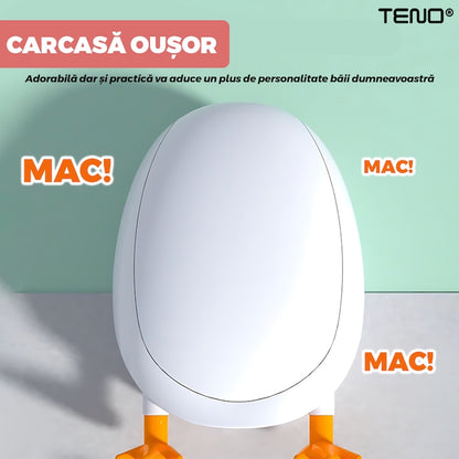 Perie pentru Toaleta Ratusca Teno®, din silicon, model adorabil, carcasa ou, suport adeziv montabil pe orice suprafata, 2 capete, capat cioc din silicon, capat cu peri pentru pete, roz