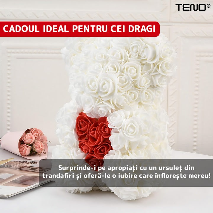 Ursulet din Trandafiri de Spuma Teno®, floral alb cu burtica rosie, handmade, cutie transparenta, 25 cm