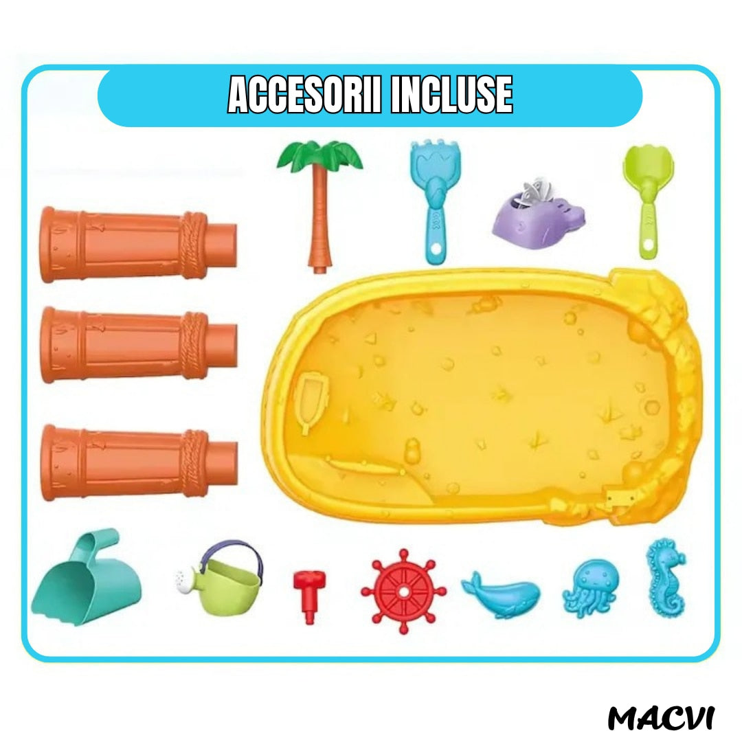 Masa de apa 2 in 1 Macvi® pentru copii, cu 8 accesorii interactive, multicolor, recomandata 3 ani+