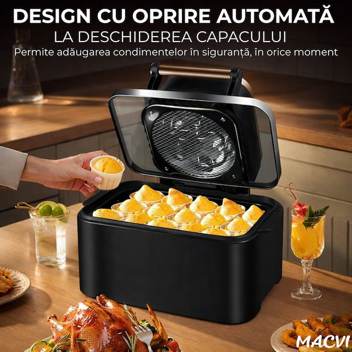 Friteuza cu aer cald digitala 3 in 1 Macvi® fara ulei 12 L 1700W control touch 11 programe LED negru auriu
