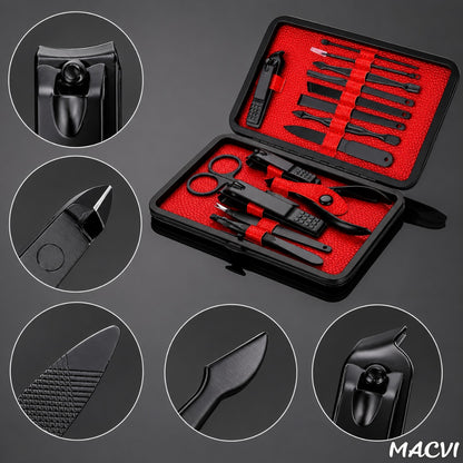 Set manichiura pedichiura Macvi® 15 piese din inox cu husa din piele ecologica si interior de velur sintetic rosu pentru ingrijirea completa a unghiilor