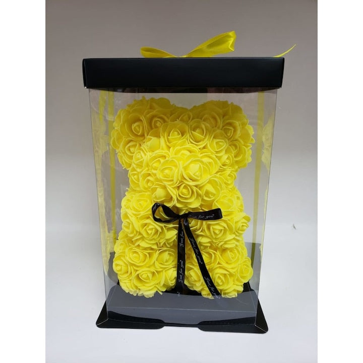 Ursulet Cu Inima Trandafiri Spuma Macvi®, 24 cm, Cutie Cadou Inclusa, Galben, Decor Romantic, Cadou Valentine Aniversare