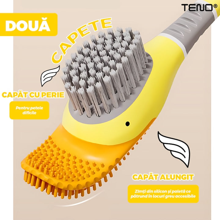 Perie pentru Toaleta Ratusca Teno®, din silicon, model adorabil, carcasa ou, suport adeziv montabil pe orice suprafata, 2 capete, capat cioc din silicon, capat cu peri pentru pete, galben