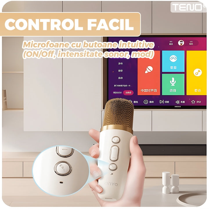 Boxa Portabila Teno®, karaoke, 2 microfoane, 4 porturi, wireless, RBG, Bej