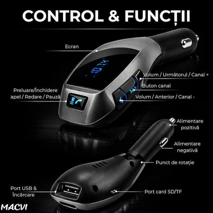 Kit Auto Macvi® cu Functie de Modulator FM si Bluetooth, Compatibil cu Dispozitive Mobile, Functie Handsfree