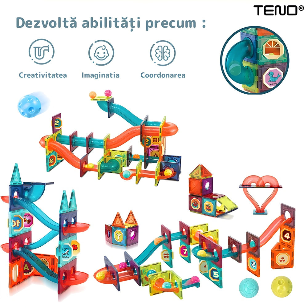Set Inteligent si Creativ Magnetic 3D Teno®, 125 Piese, traseu cu bile, creativ, numeroase posibilitati de construit, dezvoltarea abilitatilor motrice si a imaginatiei, multicolor