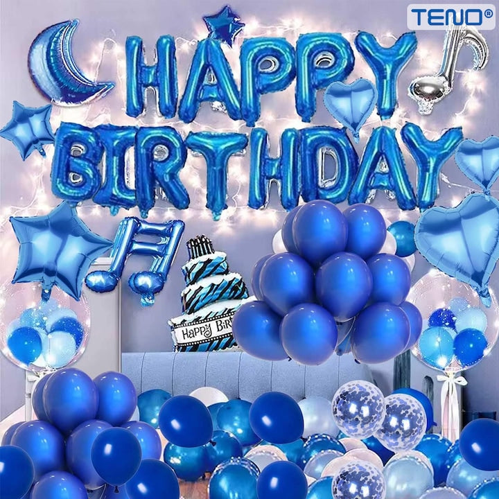 Set 25 Baloane Teno®, Litere, pentru Petreceri/Aniversari/Evenimente, confetti, stelute, model HAPPY BIRTHDAY, albastru