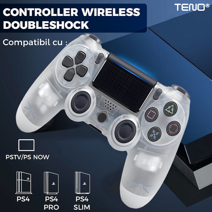 Controller Wireless DoubleShock Teno®, compatibil cu PS4, joystick-uri analog, vibratie dubla, baterie performanta, transparent