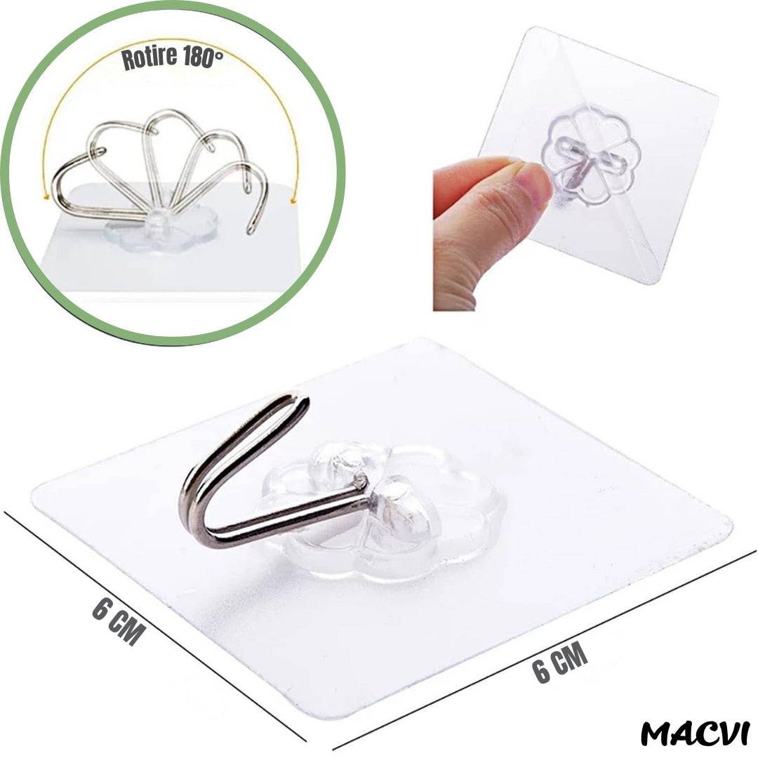 Set 10 carlige autoadezive Macvi® transparente pentru prosoape, impermeabile, ABS durabil, 180° rotative, fixare puternica si reutilizabila, pentru baie, bucatarie si dormitor