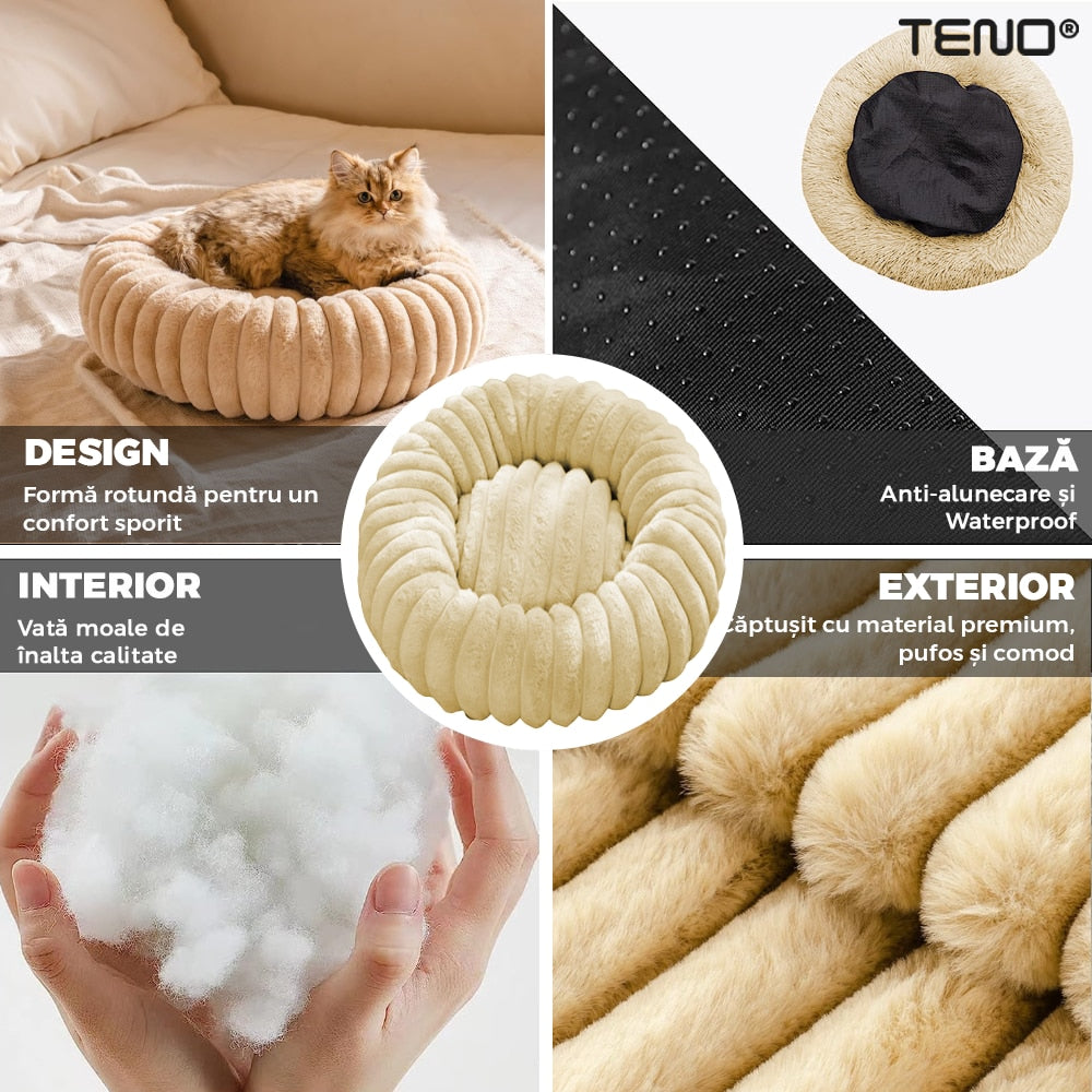 Pat Animale Teno®, captusit, moale, pufos si calduros, pentru caini si pisici, diametru 90 cm, baza anti-alunecare, design dungat, bej