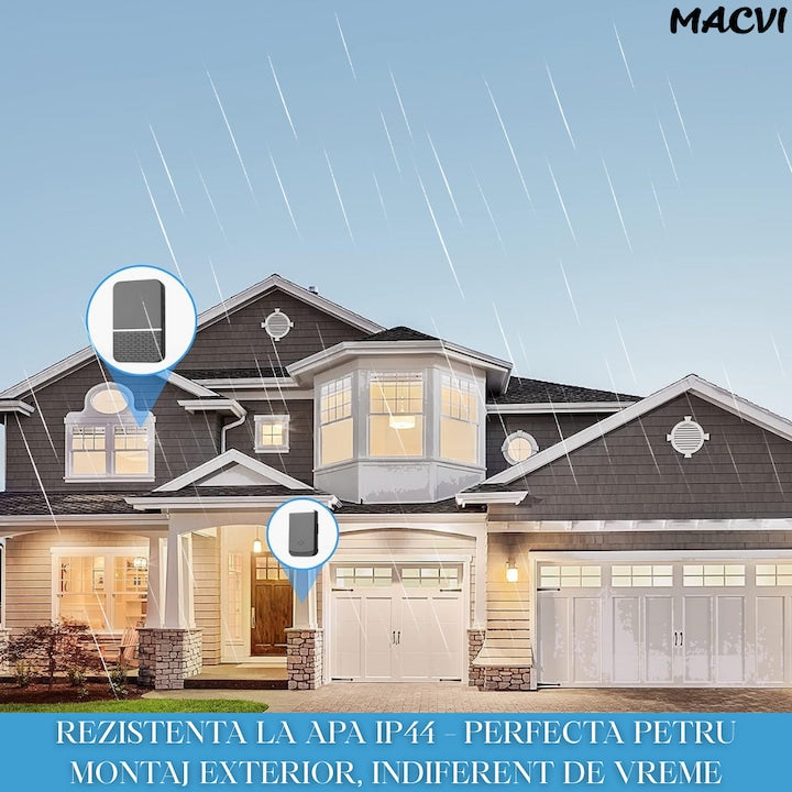 Sonerie fara fir Macvi®, wireless, 260 m raza, 4 niveluri volum, rezistenta apa IP44, fixare dubla, negru