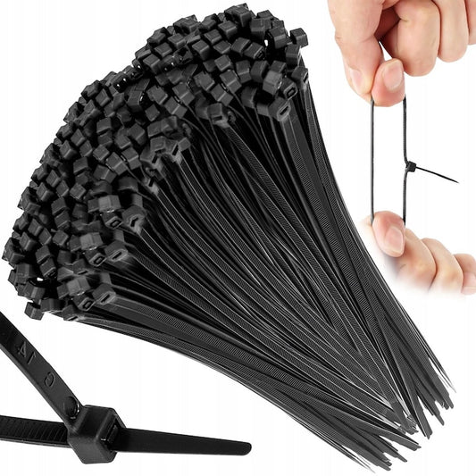 Set 100 coliere plastic Macvi®, soricei cablu, 4.8 x 300 mm, protectie UV, nylon rezistent, interior exterior, negre