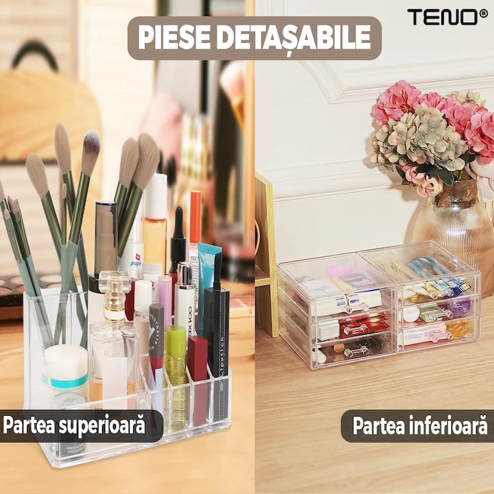 Organizator Cutie Depozitare pentru Produse Cosmetice Teno®, bijuterii si alte obiecte, 6 sertare, piese detasabile, transparent, 24 x 19 cm