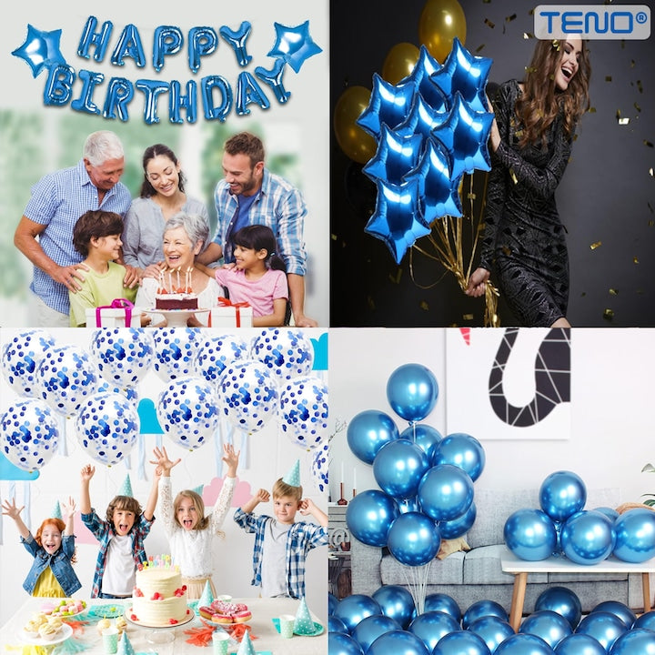 Set 25 Baloane Teno®, Litere, pentru Petreceri/Aniversari/Evenimente, confetti, stelute, model HAPPY BIRTHDAY, albastru