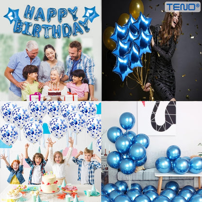 Set 25 Baloane Teno®, Litere, pentru Petreceri/Aniversari/Evenimente, confetti, stelute, model HAPPY BIRTHDAY, albastru