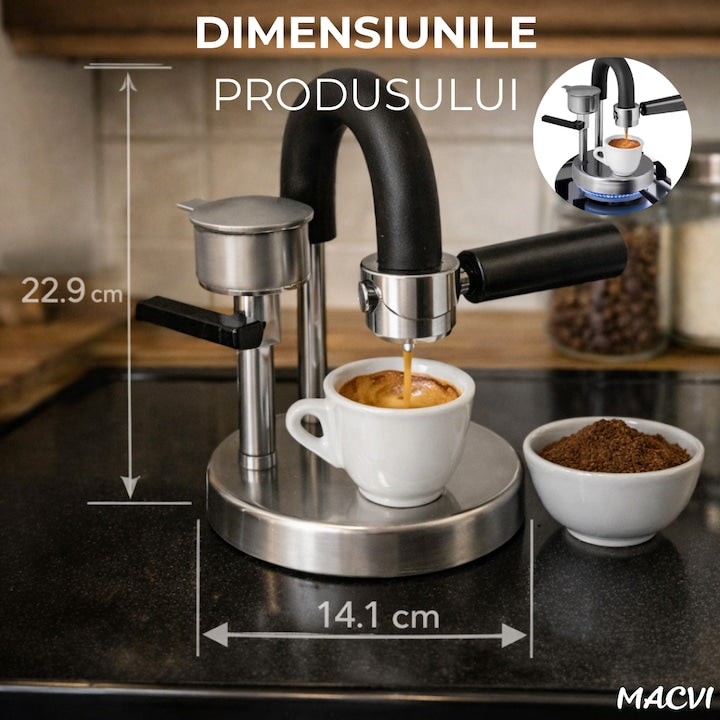 Espressor manual Kamira MACVI®, din inox 100%, presiune 4-5 bari, portabil, fara curent, filtru de inox pentru 1 ceasca cafea, compatibil aragaz si resou