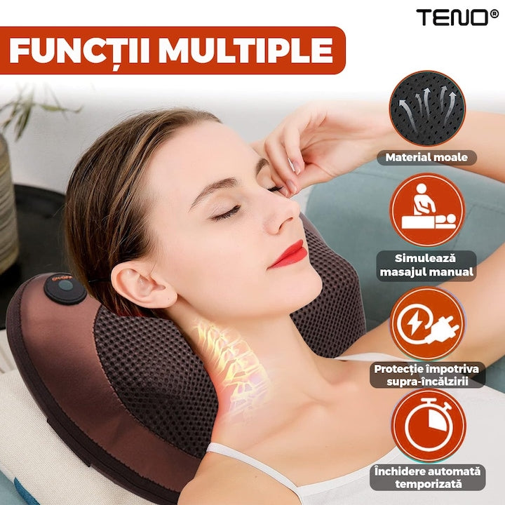 Aparat pentru Masaj Tip Perna Teno®, shiatsu, pentru masaj cervical sau lombar, priza auto sau normala, bile cu infrarosu, terapie cu incalzire, portabila, doua sensuri de rotire, elastic tetiera auto, 30 W, rosu