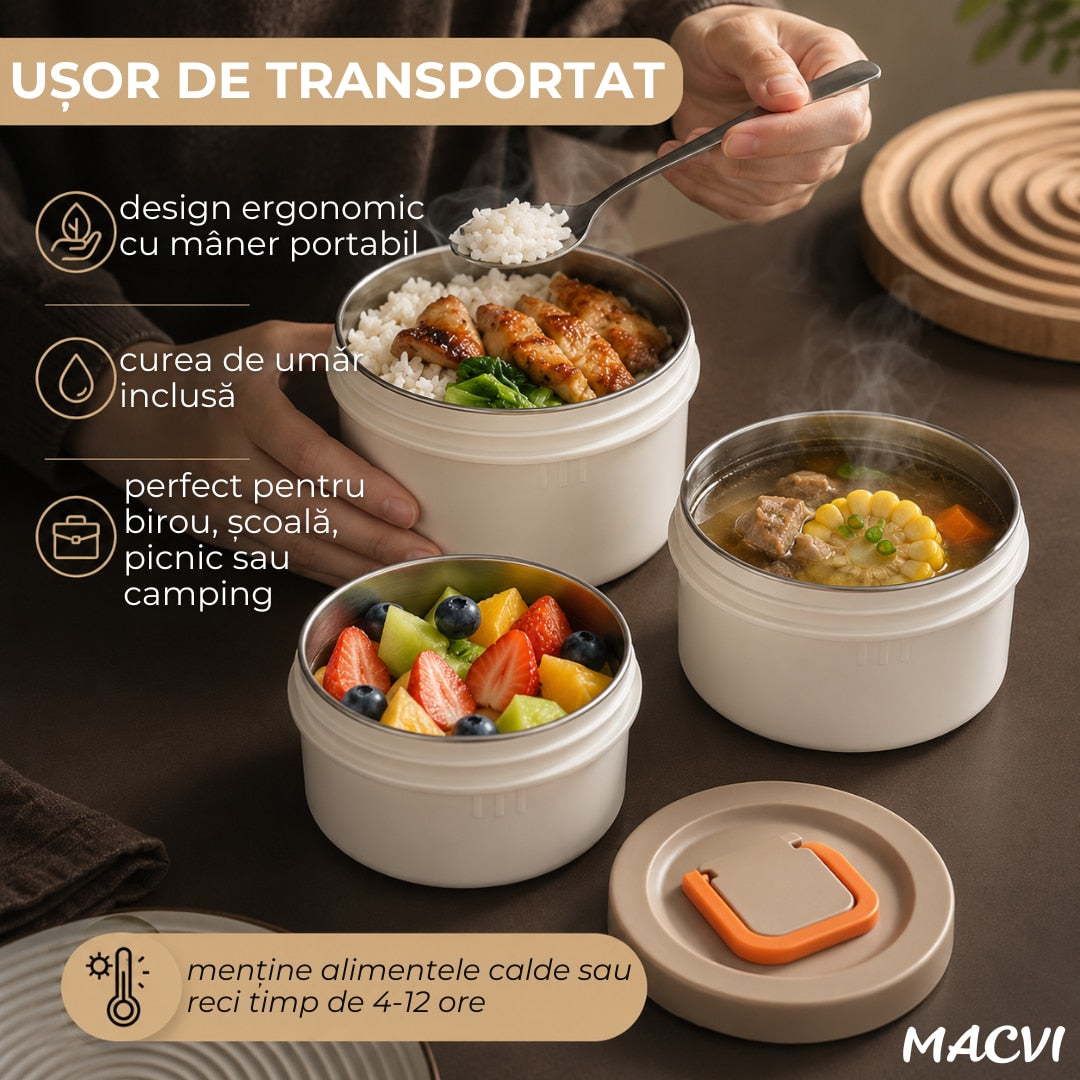 Caserola termica Macvi® 2.9L, Inox 304 alimentar, 4 compartimente separate, etansa, izolatie termica, mentine alimentele calde si reci 4-12 ore, fara BPA, pentru birou, scoala, picnic, camping, Negru
