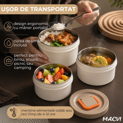 Caserola termica Macvi® 2.9L, Inox 304 alimentar, 4 compartimente separate, etansa, izolatie termica, mentine alimentele calde si reci 4-12 ore, fara BPA, pentru birou, scoala, picnic, camping, Negru