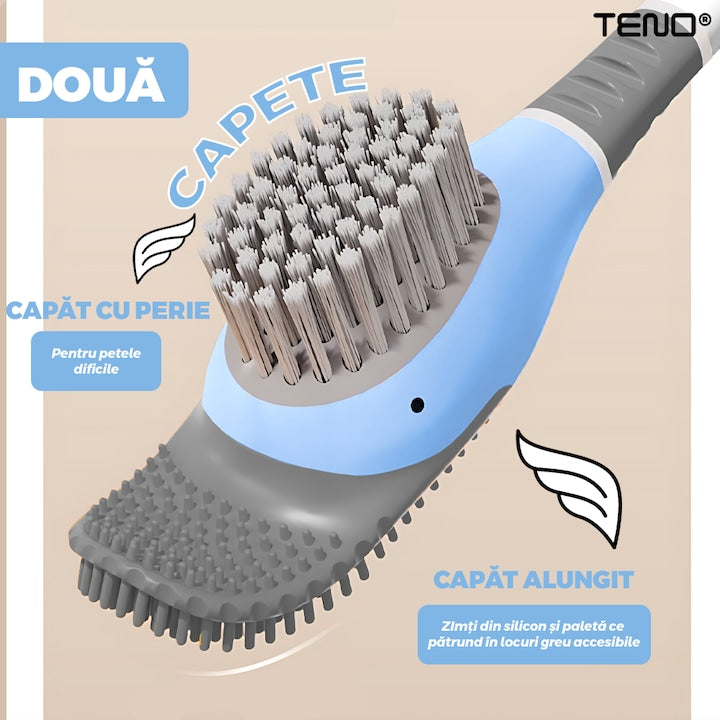 Perie pentru Toaleta Ratusca Teno®, din silicon, model adorabil, carcasa ou, suport adeziv montabil pe orice suprafata, 2 capete, capat cioc din silicon, capat cu peri pentru pete, albastru