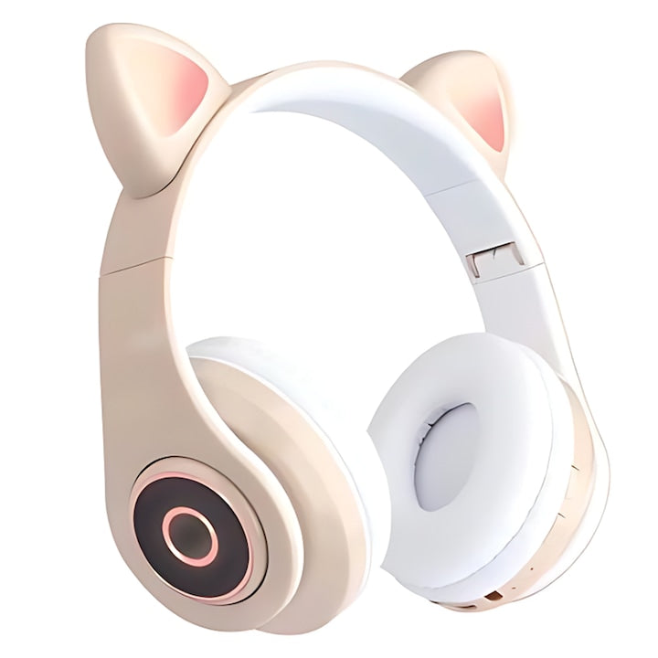Casti Wireless Model Pisica Teno®, B39, overear, urechi de pisica cu iluminare RGB, bluetooth 5.0, handsfree, HiFi, bass stereo, kaki