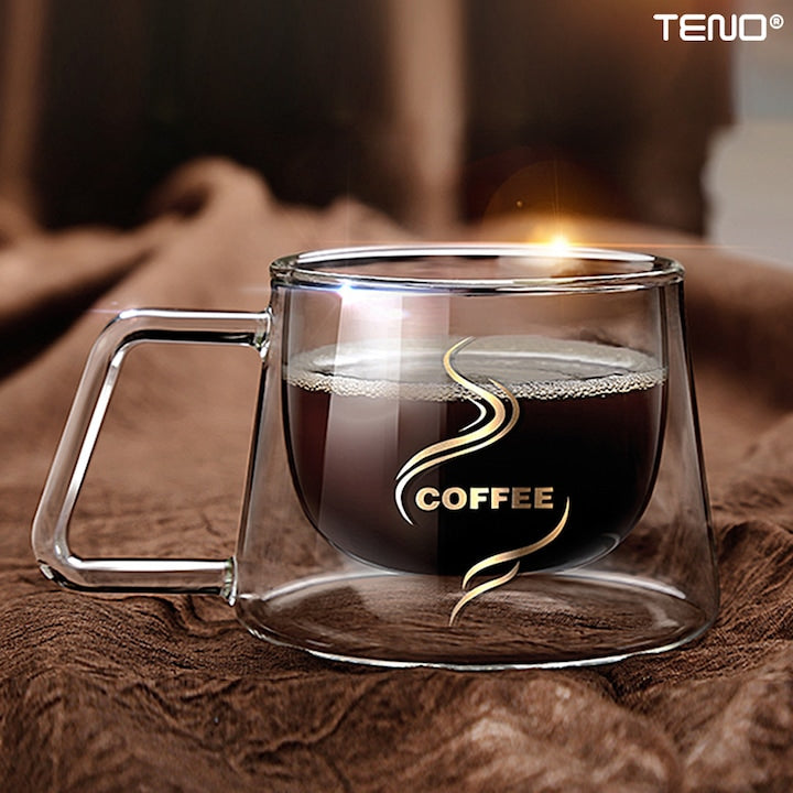 Set 2 Cani de Sticla cu Perete Dublu Teno®, model COFFEE, design modern, termorezistente, capacitate 200 ml, 12 x 8 cm