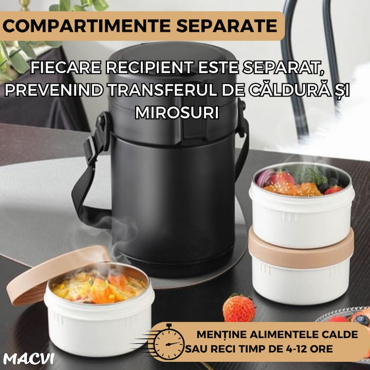 Caserola termica Macvi® din inox 304, 2.3L, 3 compartimente, etansa, cu tacamuri incluse, Negru