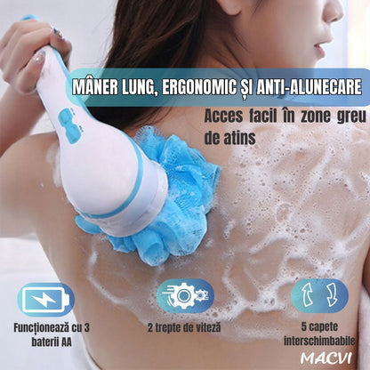 Perie baie rotativa Macvi®, electrica, pentru curatare, exfoliere si masaj, cu 5 capete interschimbabile si 2 trepte de viteza – o solutie completa pentru ingrijirea pielii si relaxarea zilnica