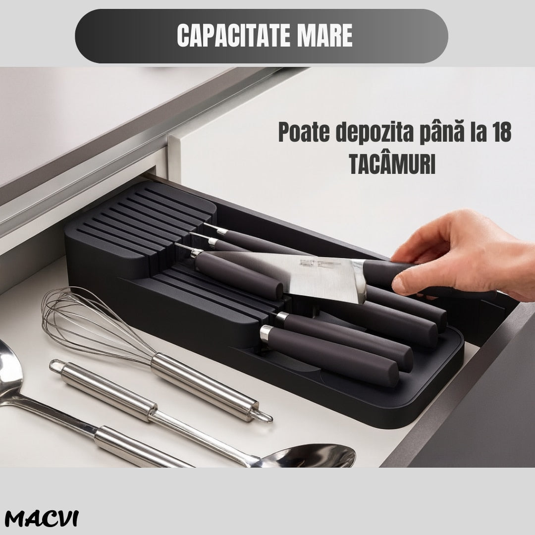 Suport sertar pentru cutite Macvi® organizator compact depozitare sigura material durabil design ergonomic stabilitate sporita economie de spatiu, negru