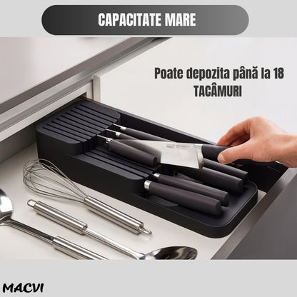 Suport sertar pentru cutite Macvi® organizator compact depozitare sigura material durabil design ergonomic stabilitate sporita economie de spatiu, negru