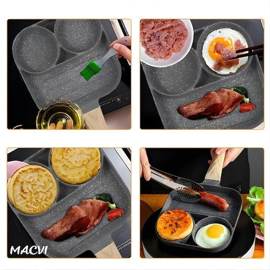 Tigaie Macvi® pentru mic dejun cu 3 gauri aluminiu antiaderent pentru oua burgeri clatite omleta maner ergonomic bachelita pentru aragaz si inductie