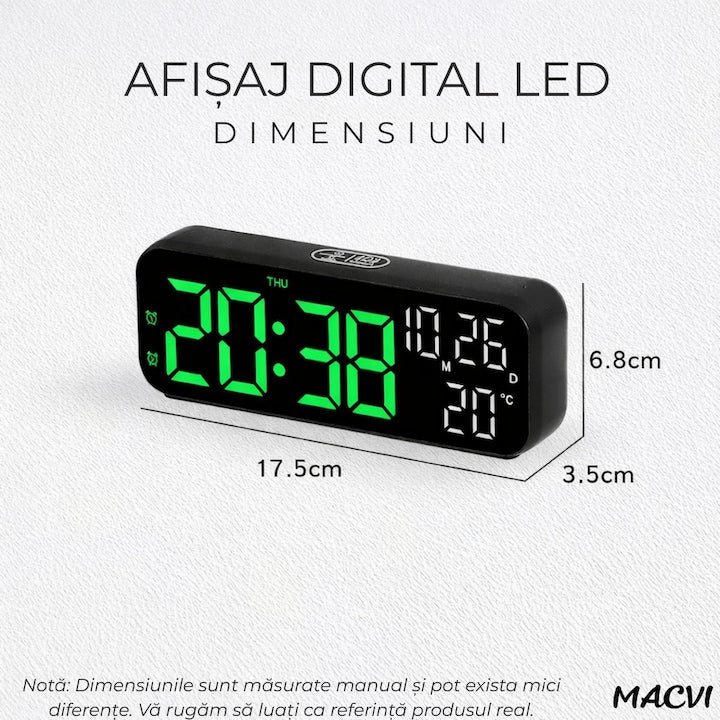 Ceas digital de masa si perete Macvi® 24 x 9 cm afisaj LED verde alarma snooze calendar cronometru termometru luminozitate reglabila