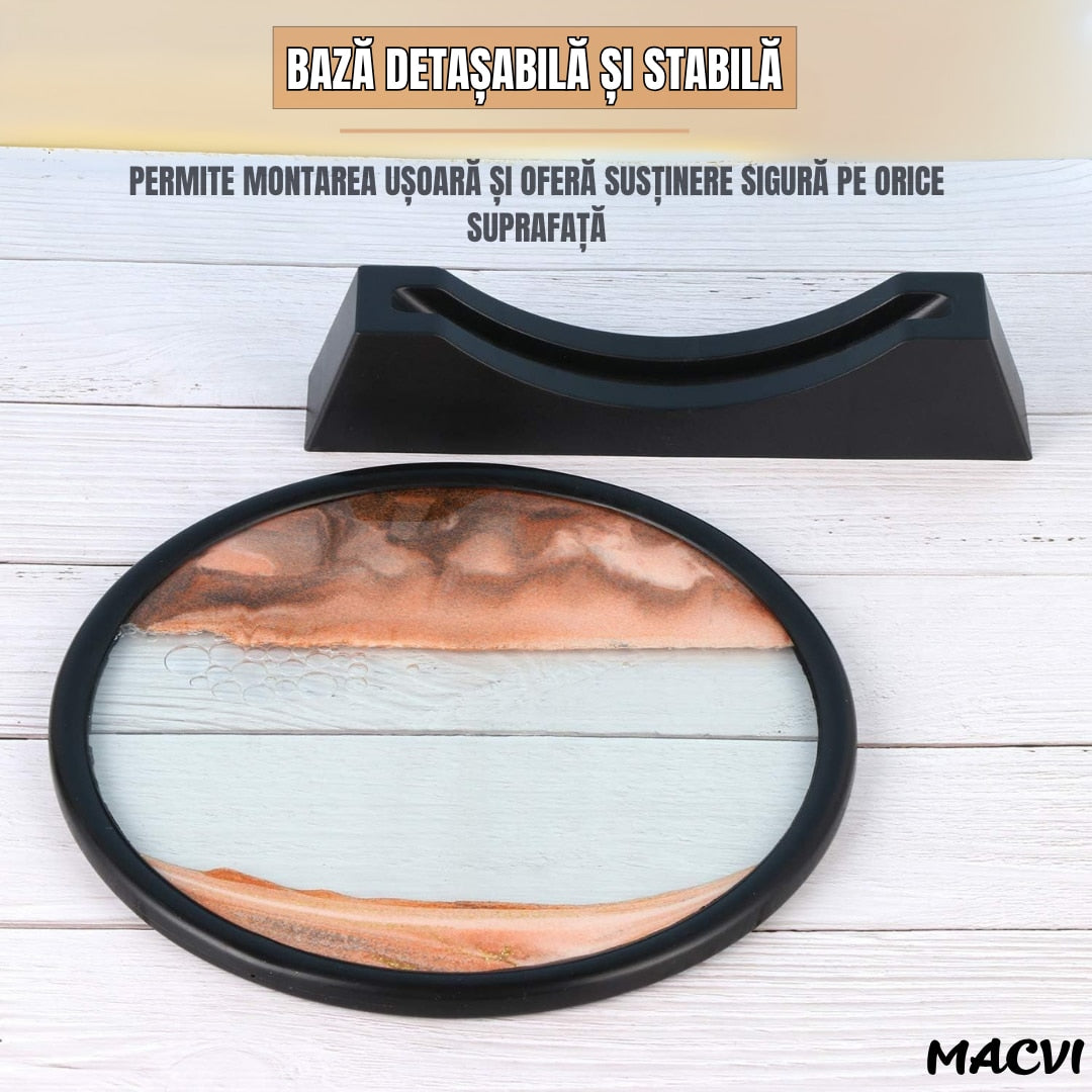 Obiect decorativ Macvi® cu efect 3D din nisip, masa rotativa 360°, baza din plastic, sticla si nisip, 18x19 cm, Rosu