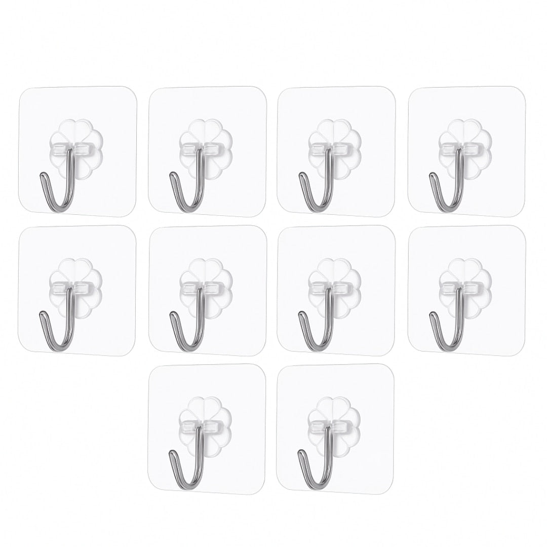Set 10 carlige autoadezive Macvi® transparente pentru prosoape, impermeabile, ABS durabil, 180° rotative, fixare puternica si reutilizabila, pentru baie, bucatarie si dormitor