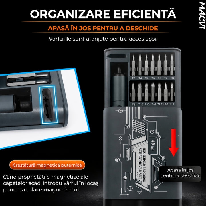 Set Surubelnita Electrica de Precizie Macvi® 49 in 1, Reincarcabila, Fara Fir, pentru Reparatii Mobile, Baterie Li-ion 400mAh
