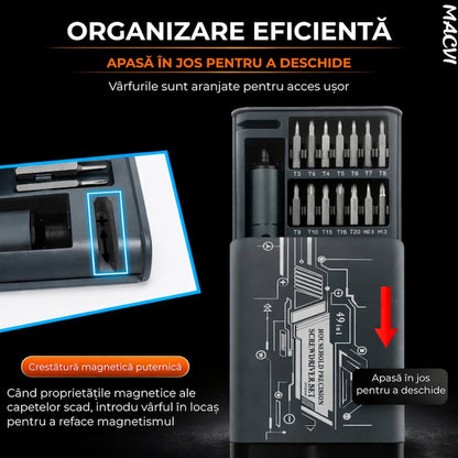 Set Surubelnita Electrica de Precizie Macvi® 49 in 1, Reincarcabila, Fara Fir, pentru Reparatii Mobile, Baterie Li-ion 400mAh