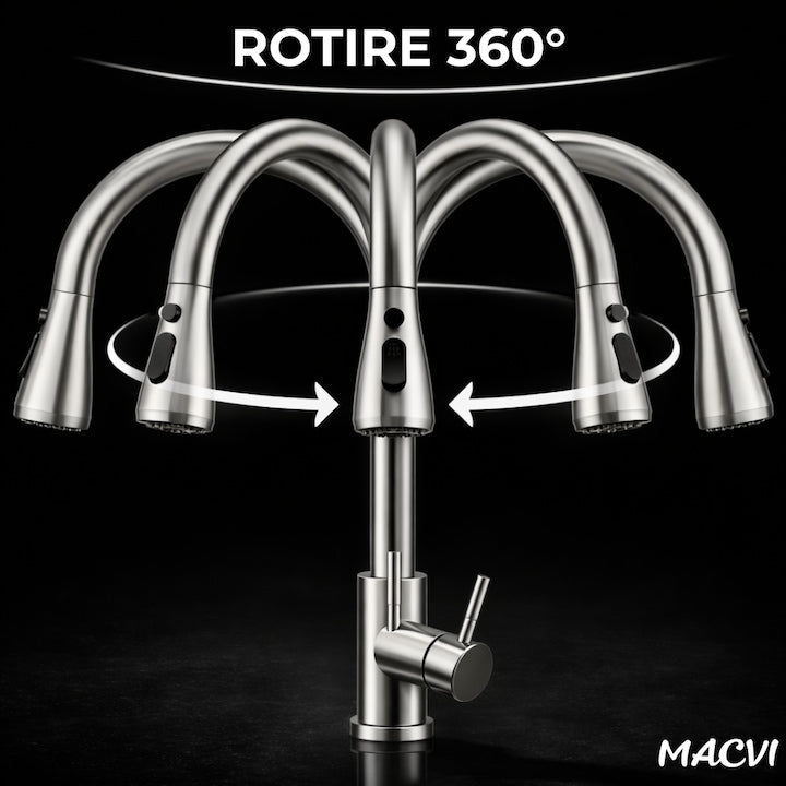 Baterie chiuveta bucatarie Macvi® Premium dus extractabil pipa inalta rotire 360 cartus ceramic 2 functii jet buton ON OFF racorduri incluse inox mat argintiu