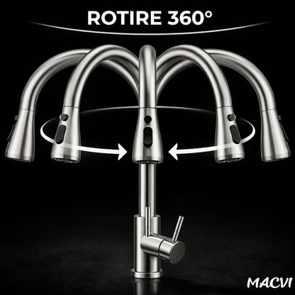 Baterie chiuveta bucatarie Macvi® Premium dus extractabil pipa inalta rotire 360 cartus ceramic 2 functii jet buton ON OFF racorduri incluse inox mat argintiu