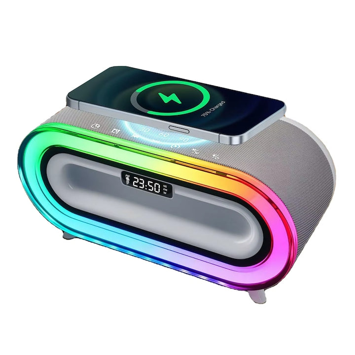 Boxa Multifunctionala 3 in 1 Teno®, lampa LED RGB, incarcator de gadgeturi wireless, functie de radio, 4 porturi integrate, design modern, alb