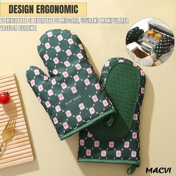 Set 2 manusi pentru cuptor sau gratar Macvi®, rezistenta pana la 350°C, umplutura din lana, material textil si cauciuc, model verde