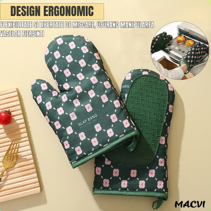 Set 2 manusi pentru cuptor sau gratar Macvi®, rezistenta pana la 350°C, umplutura din lana, material textil si cauciuc, model verde